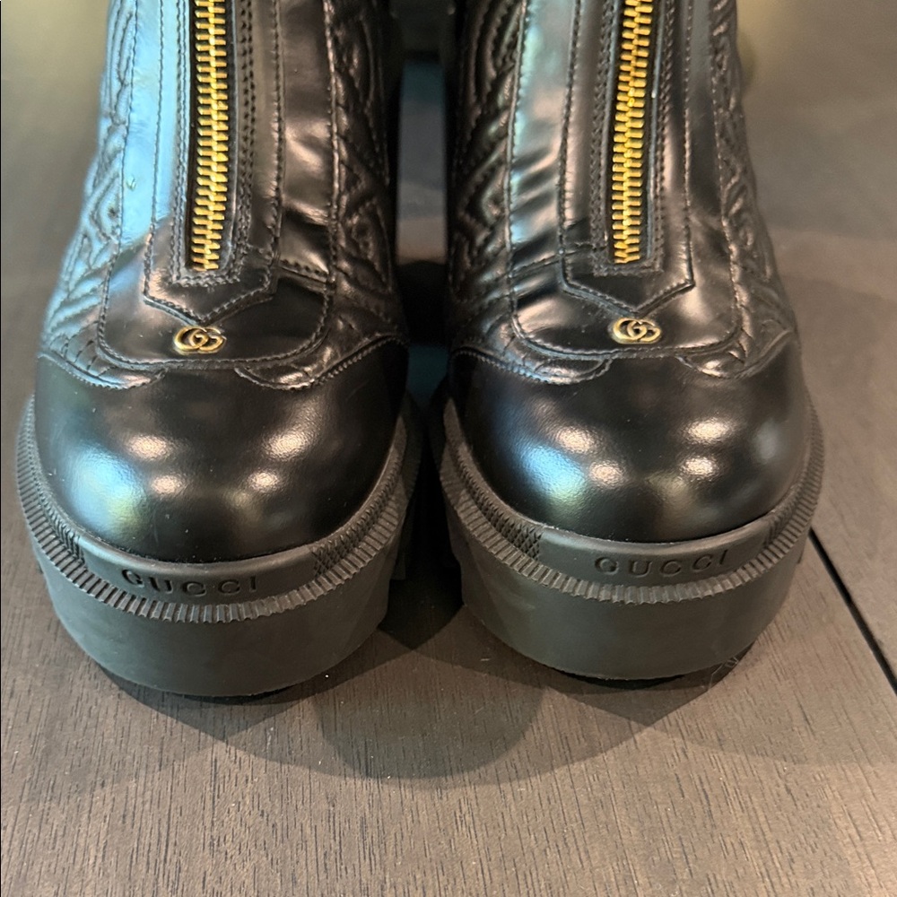 Gucci Black Quilted Leather Platform Zip Ankle Boots with Gold Hardware - Picture 11 of 17